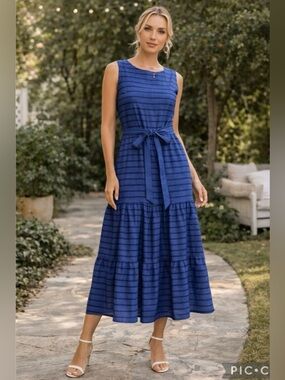 Evereve Blue Striped Tie-Waist Tiered Maxi Dress- Size M